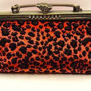 Leopard Print Velvet Beaded Top Handle Rhinestone Bag